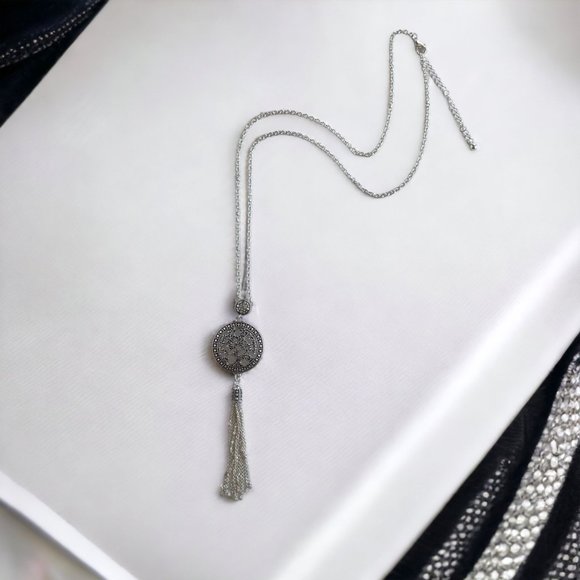 Necklace, Silver Antique Tone, Filigree Round, Tassel, 27"-30" - Picture 5 of 9